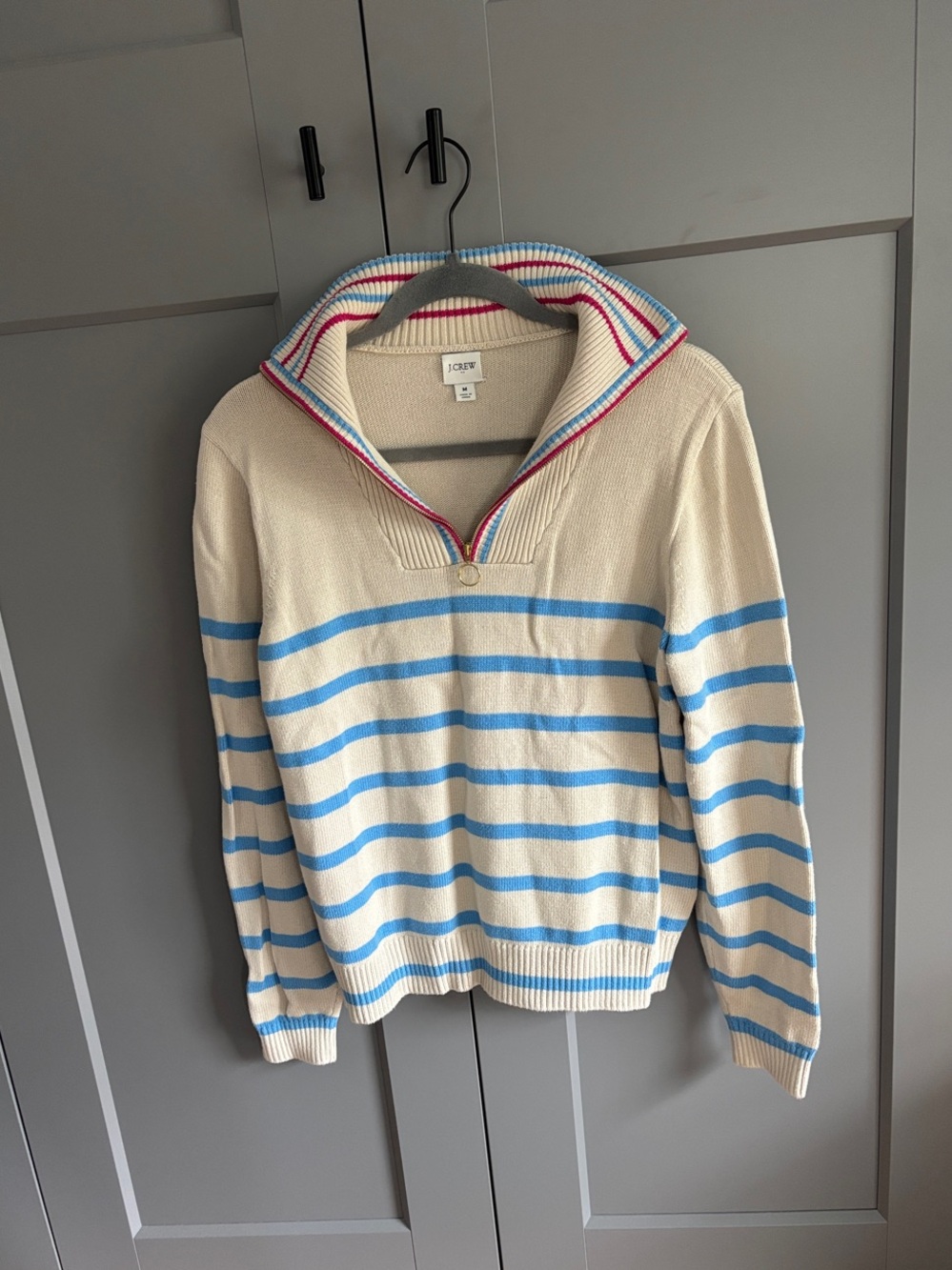 J. Crew Cream Sweater with Light Blue Stripes and Red-Trim Shawl Collar